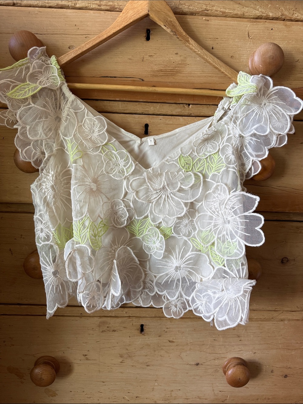 Anthropologie Women's Floral Lace Sheer Crop Top in White and Lime w/ Cami NWT